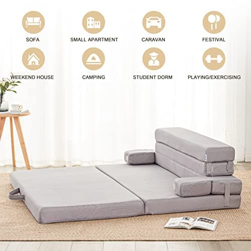 Dark Grey Foldable Mattress Couch with Headrest, 4 Inch Foam, Portable Queen, Camping & Road Trips