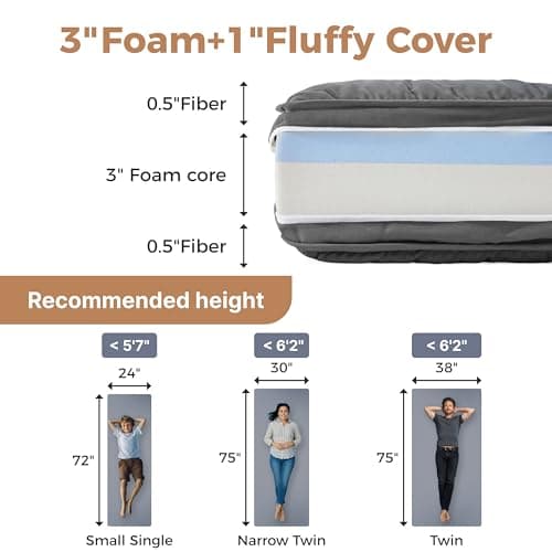 4-Inch Small Gel Memory Foam Cot Mattress Topper,Portable Roll-Up Sleep Pad