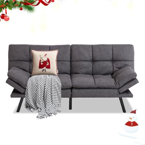 MUUEGM 71" Memory Foam Futon Sofa Bed, Adjustible Backrest, Light Grey Fabric