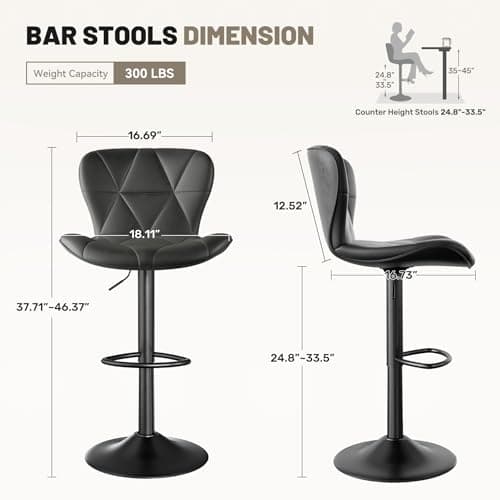 Modern Black Adjustable Bar Stools Set of 2, Counter Height with Footrest