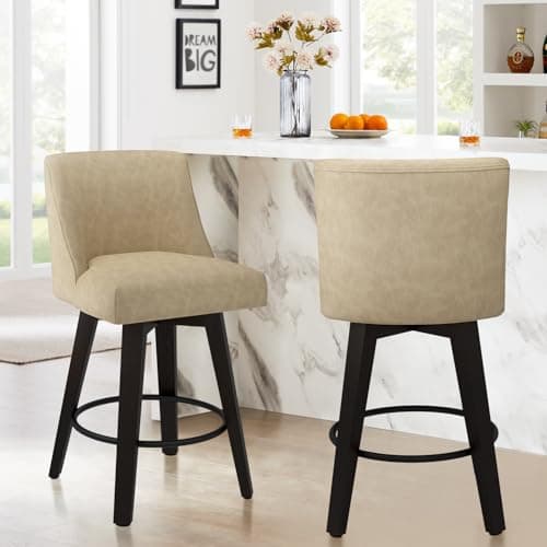 Counter Height Bar Stools Set of 2 with Swivel and Back, 26In Height, Solid Wood Stand, Fabric Upholstered, Thicken Cushion Back, Tan Brown
