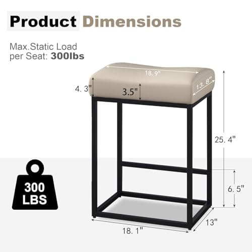 Set of 4 Modern Kitchen Barstools with Metal Base, 25 inch Counter Height, Light Grey PU Leather Saddle Stools