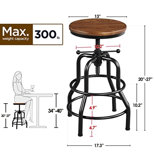 Yaheetech Vintage Rustic Round Wood Seat Bar Stool, Brown 20-27 Inch