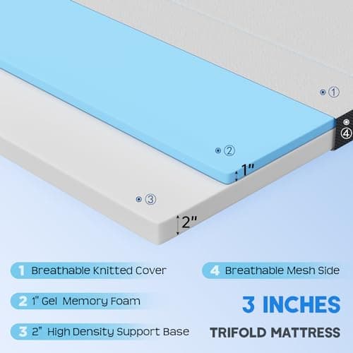 FDW 3 inch Tri Fold Memory Foam Mattress for Kids & Adults - Medium-Firm, Washable Cover, RV Travel Campὁg