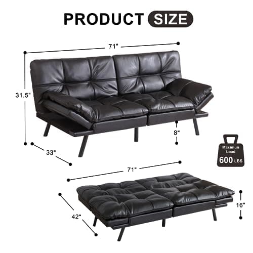 Black Memory Foam Futon Sofa Bed for Small Space Apartment Office, Adjustable Backrest and Armrest - 71 Love Seat