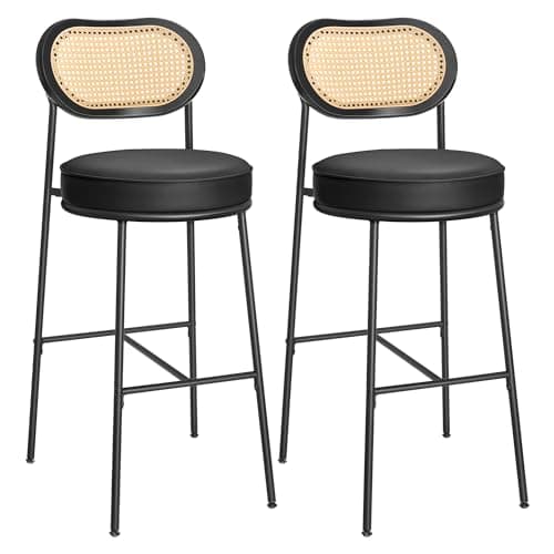 Counter Height Bar Stools Set of 2 with Rattan Back and Leather Upholstery
