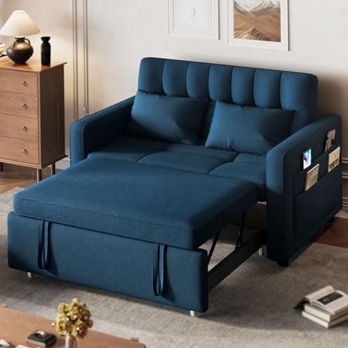 3-in-1 Cat-Scratch-Proof Grey Sofa Bed, 55" Living Room Loveseat with Pull-Out Bed and Adjust Backrest
