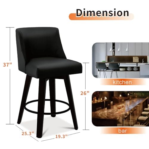 Black Swivel Bar Stool with Back, Set of 1, 26In Height, Faux Leather & Wood Stand
