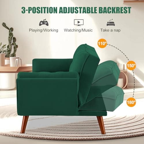 Green Convertible Futon Couch Bed, 3 Seater Sleeper Sofa with Adjustable Backrests