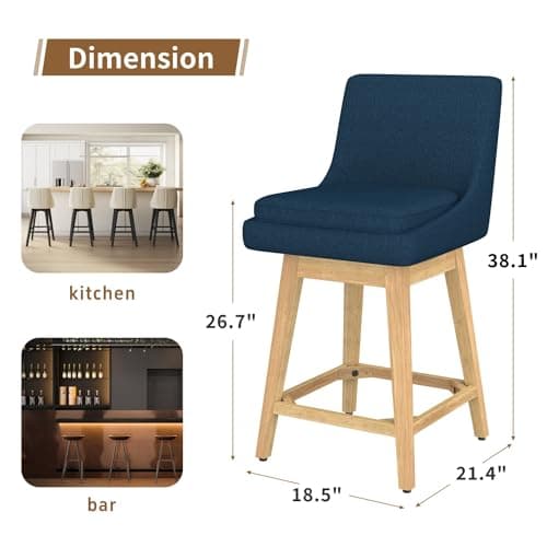 Set of 2 Upholstered Fabric Bar Stools with Backrest for Kitchen Island and Dining Room