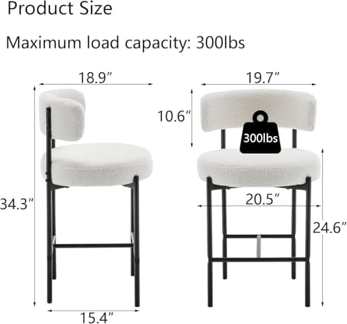 24" Modern White Bar Stools with Backs, Boucle Set of 2 for Kitchen Island, Bar, Cafe