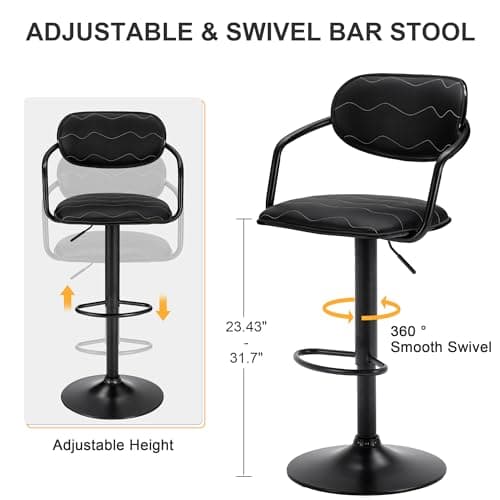 VECELO Counter Height Bar Stool Set, Adjustable with Back & Arm, Black