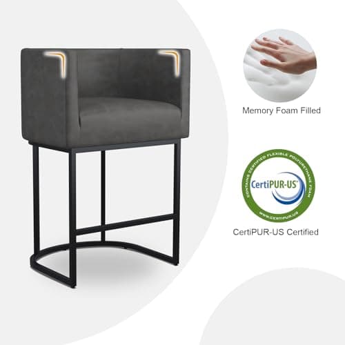 Counter Height Bar Stools with Back and Armrest, Black Metal Frames, Upholstered in Dark Grey Faux Leather