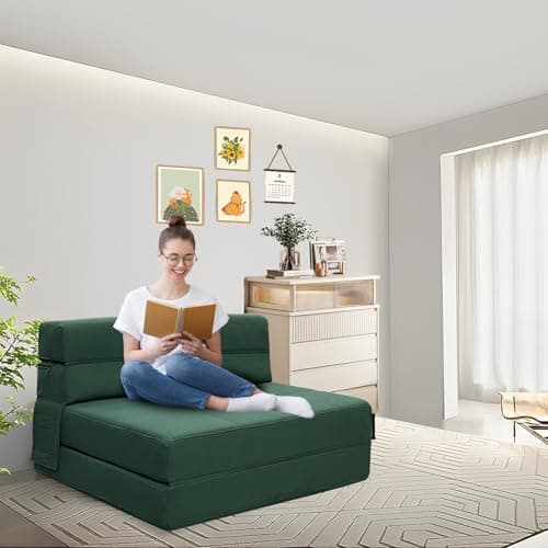 ANONER Queen Size Fold Out Couch Bed with Memory Foam, 2 Pillows, Dark Green