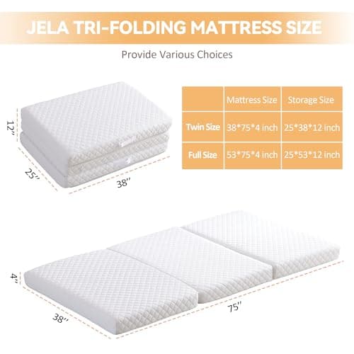 Jela 4-Inch Twin Foldable Memory Foam Mattress with Storage Bag and Waterproof Lining - Portable for Camping and Guests (38x75x4 inches)