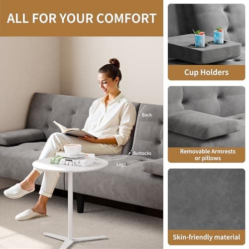 JAMFLY Dark Grey Velvet Futon Couch Bed with Cup Holder