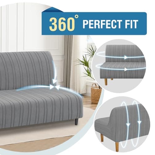 H.VERSAILTEX Stretch Futon Armless Sofa Cover, Grey Stripe Elastic Bottom