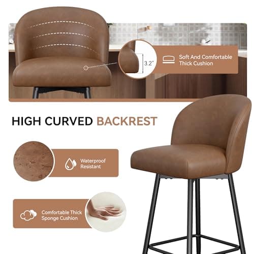 26" High Back Swivel Bar Stools, Set of 2, Yellow Brown, Kitchen Island, Dining Room