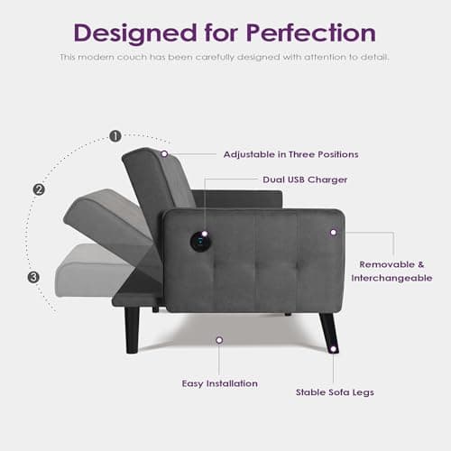 TYBOATLE Dark Grey Convertible Futon Sofa Bed with USB, Loveseat for Living Room & Bedroom