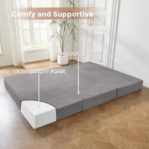 BYBYME 6 Inch Gel Tri-Folding Corduroy Mattress, Washable Cover (Grey, Full)