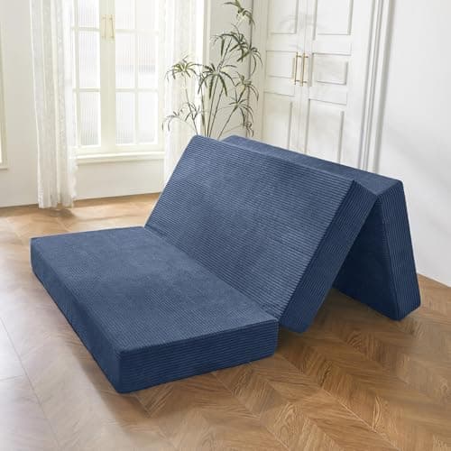 BYBYME 6 Inch Gel Tri-Folding Corduroy Mattress, Washable Cover (Grey, Full)