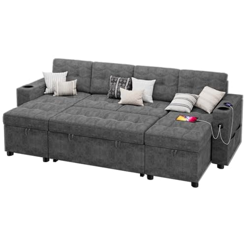 GAOMON Dark Gray 112" U-Shaped Sleeper Sofa with Storage Chaise & Charging Ports