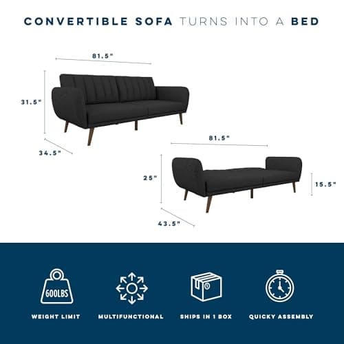 Novogratz Brittany 82 Inch Faux Leather Futon Sofa Bed, Dark Gray, Mid-Century Modern