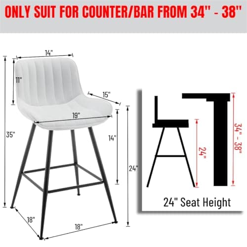White Bar Stools with Fabric Upholstery for Kitchen and Bar (Set of 2).