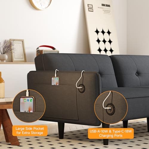 83" Adjustable Backrest Futon Couch Bed with Type-C Charging Port, Black Sofa Bed