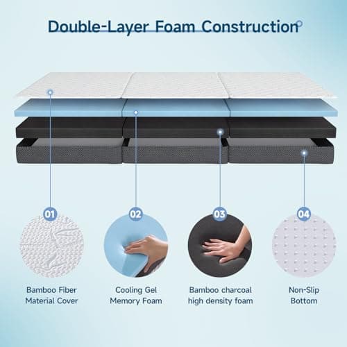 Tri Fold Memory Foam Mattress Topper, 4 Inch, Portable & Breathable, Gray