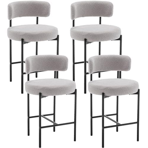 24" Modern White Bar Stools with Backs, Boucle Set of 2 for Kitchen Island, Bar, Cafe
