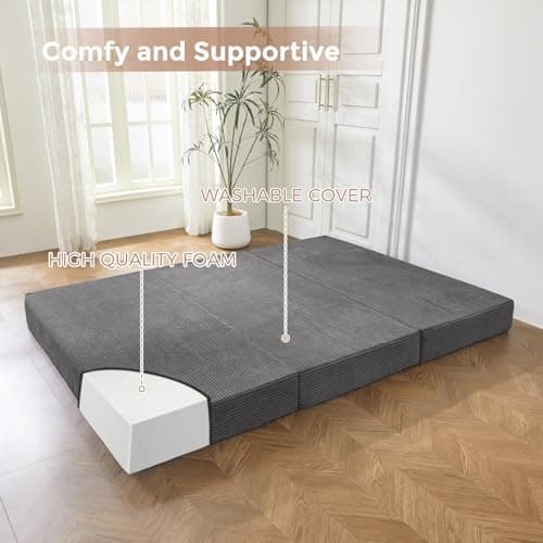 BYBYME 6 Inch Gel Tri-Fold Corduroy Mattress Topper, Washable Cover (Carbon Gray, Full)