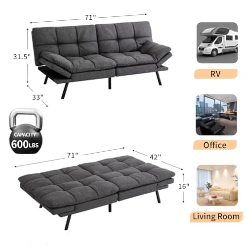 MUUEGM 71-Inch Convertible Memory Foam Futon Sofa Bed with Armrests for Small Spaces - Dark Grey