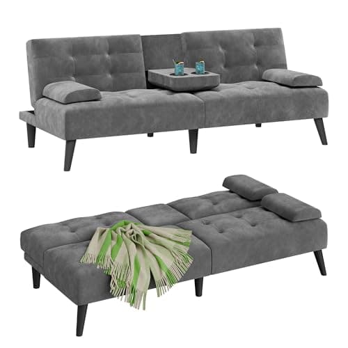 JAMFLY Dark Grey Velvet Futon Couch Bed with Cup Holder