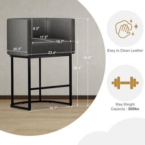 Counter Height Bar Stools with Back and Armrest, Black Metal Frames, Upholstered in Dark Grey Faux Leather