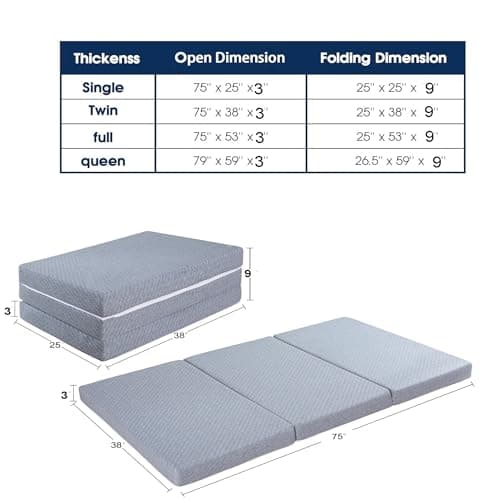CertiPUR-US Certified Twin Trifold Mattress Mat, 3" Cooling Gel Memory Foam