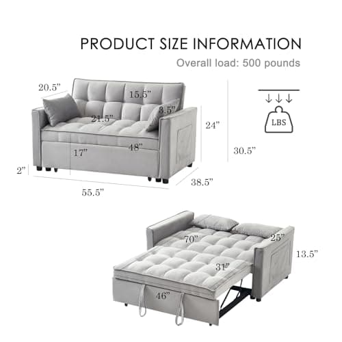 Grey Modern 3-in-1 Futon Sofa Bed with Pullout Bed and Storage Pockets