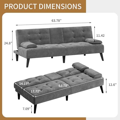 JAMFLY Dark Grey Velvet Futon Couch Bed with Cup Holder