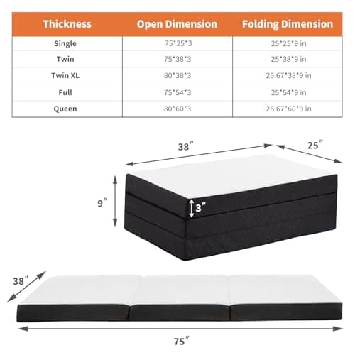 Folding Memory Foam Mattress Topper, Twin Size, 3" Trifold, Washable Cover