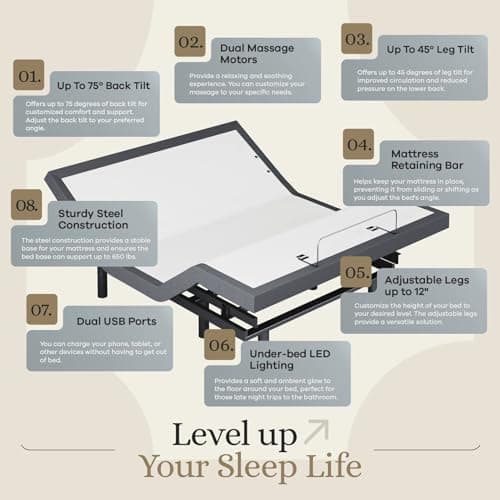 Adjustable Bed Base with Massage, USB, Zero Gravity - Full Size