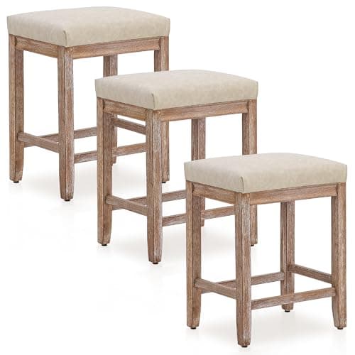 Modern Khaki Faux Leather Bar Stool Set, Counter Height 3 Pack Wood Legs