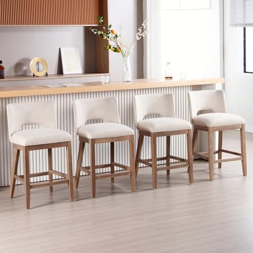 Farmhouse Linen Upholstered Bar Stools Set of 4, 26" Counter Height