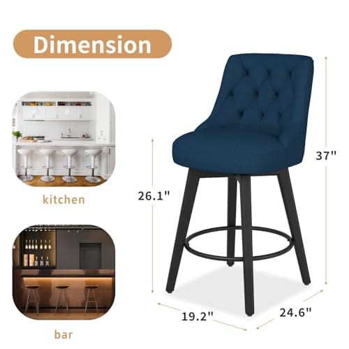 Modern Swivel Bar Stools with Solid Wood Legs, Navy Blue, 26 Counter Height, 1Pc
