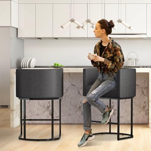 26.4 H Counter Height Bar Stools Set of 2, Modern Barrel Stools, Black Metal Frames, Upholstered Kitchen Island Stools