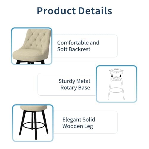 Modern Swivel Bar Stools, Linen Fabric Upholstered Counter Height Bar Stool Set of 2