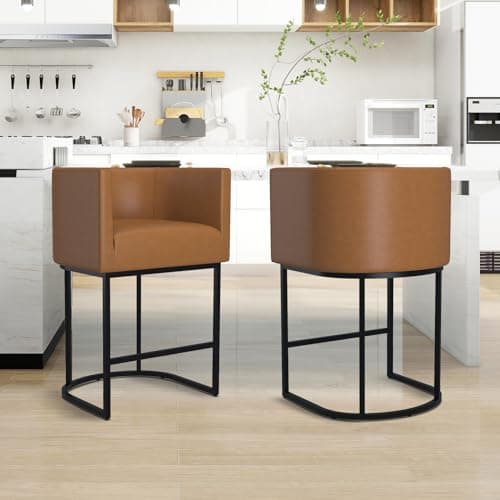 Modern counter height bar stool with backrest and cushion seat.