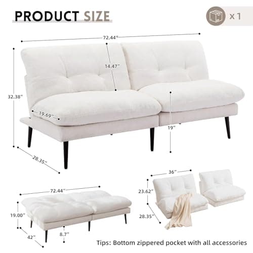 Beige Adjustable Futon Love Seat for Small Spaces