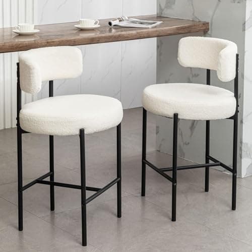 24" Modern White Bar Stools with Backs, Boucle Set of 2 for Kitchen Island, Bar, Cafe