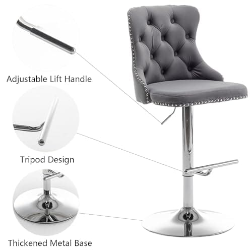Velvet Swivel Bar Stools Set of 2 with Nailheads Trim and Button, Adjustable for Kitchen Island, Pub, Club (Grey)