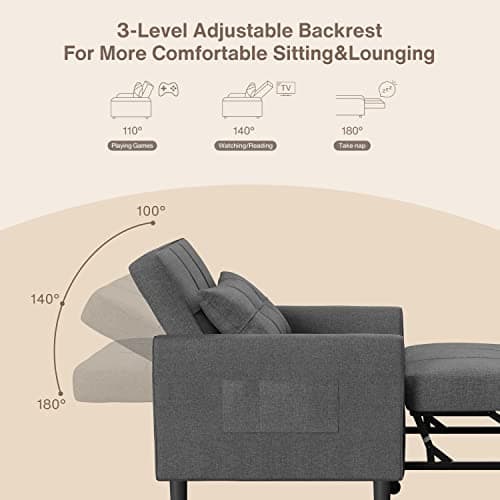 3-in-1 Convertible Futon Sofa Bed with Adjustable Backrest, Dark Grey Linen Fabric
